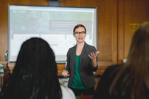 Jess speaking to a class